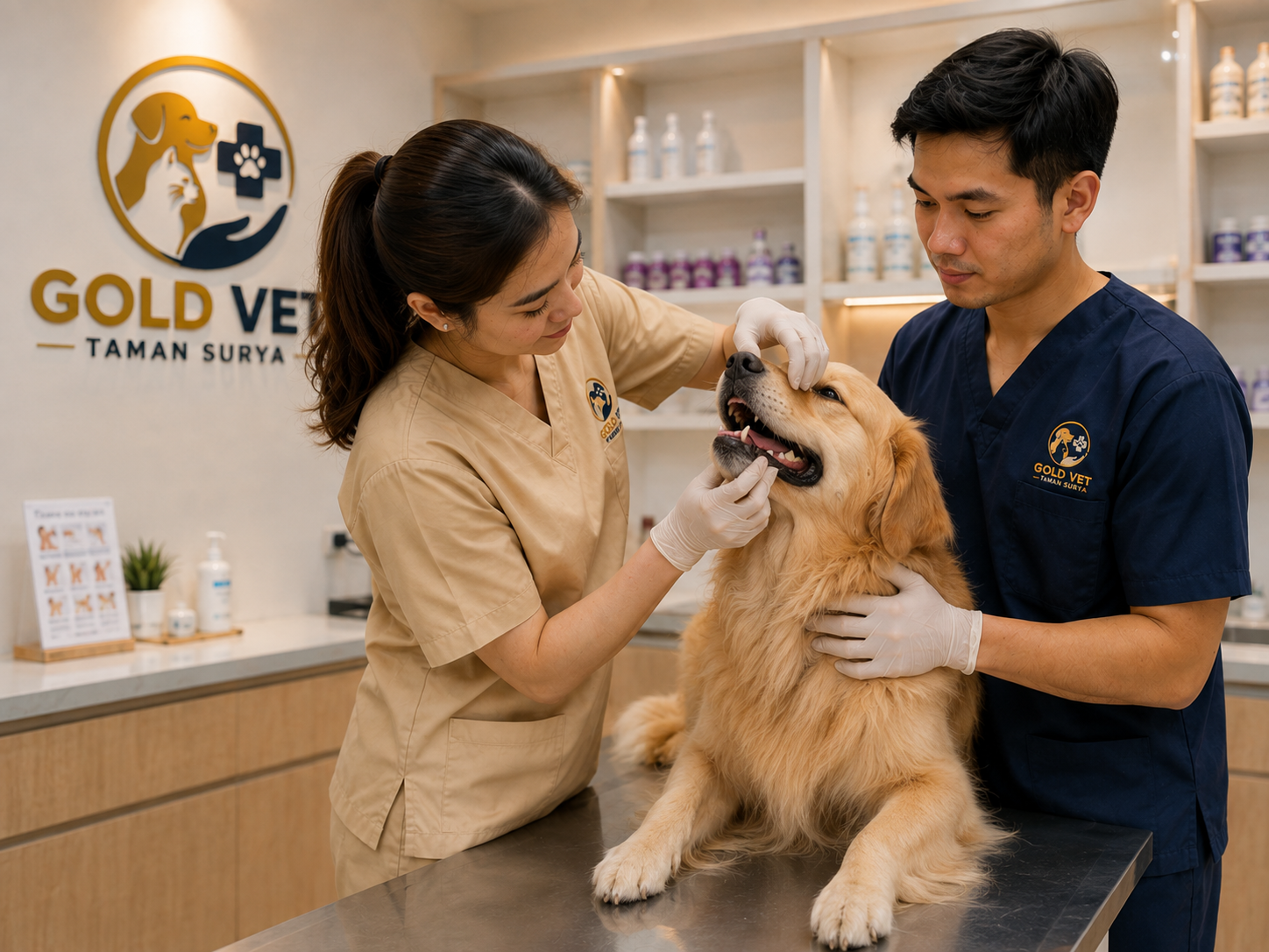 Dokter hewan Gold Vet Taman Surya memeriksa hewan di klinik