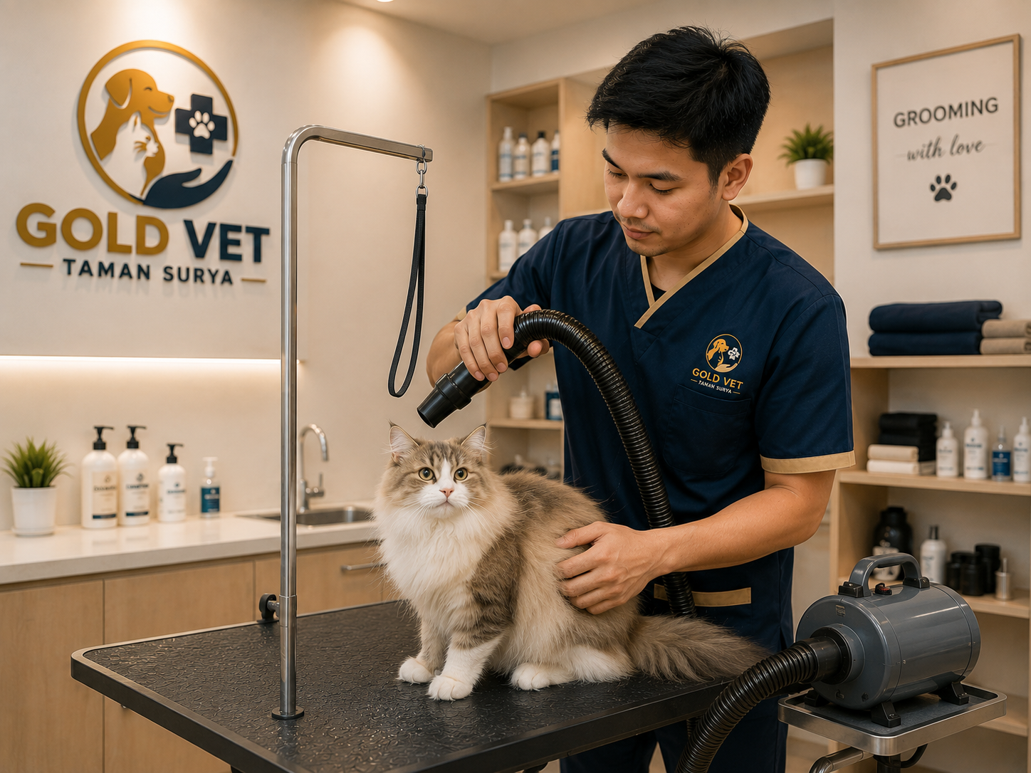 Paramedis melakukan grooming kucing menggunakan pet blower di Gold Vet Taman Surya
