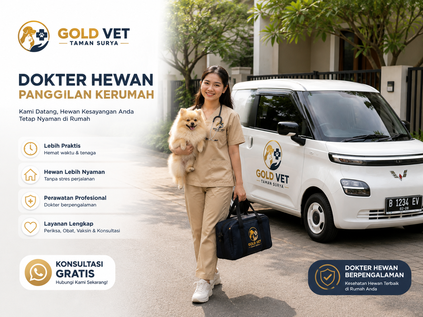 Dokter hewan Gold Vet memeriksa anjing di rumah pelanggan