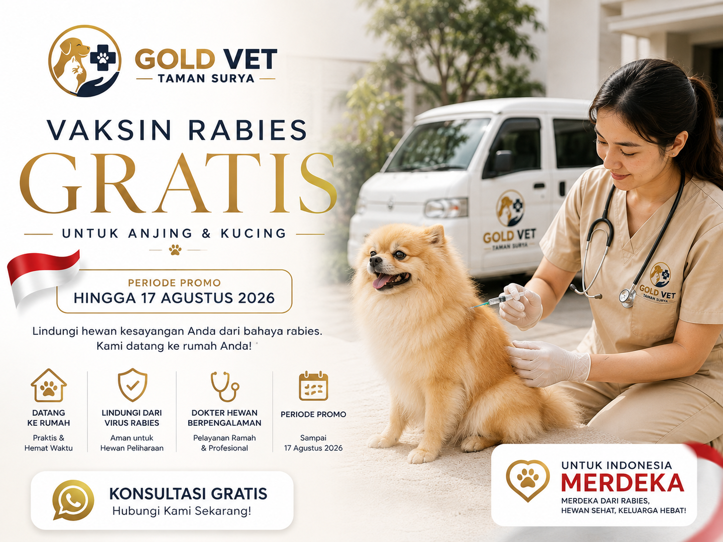 Promo vaksin rabies gratis untuk anjing dan kucing di Gold Vet Taman Surya hingga 17 Agustus 2026